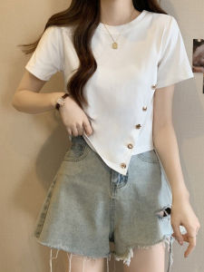 Shalldoer | เสื้อยืดแขนสั้นผู้หญิงฤดูร้อนปี 2025 ดีไซน์ไม่สมมาตร ดีไซน์เก๋ไก๋ ลดอายุ แฟชั่นอเนกประสงค์ เสื้อเชิ้ตคอตตอน