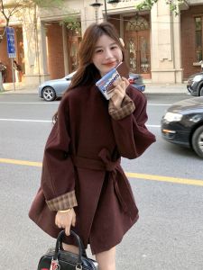 Red Plaid Spliced Woolen Coat Womens 2024 Winter New Casual Style Gentle Temperament Fashionable Lengthened Jacket