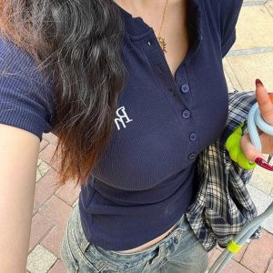 Slim Fit Short Sleeve T-Shirt Womens Summer Design Unique Style Letter Button Casual Fashion Breathable Polyester Fiber