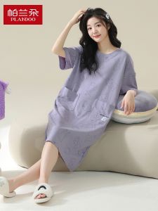 Plandoo Nightdress for Women Summer Cotton Short Sleeve Mid Length Long Length Full Cotton Casual Summer Home Wear plus Size
