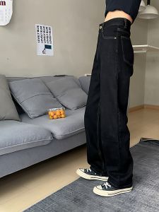 Loose High Waist Straight Leg Denim Jeans Womens Fashion Black Retro Wide Leg Pants Korean Style Chic 2025 New Arrival