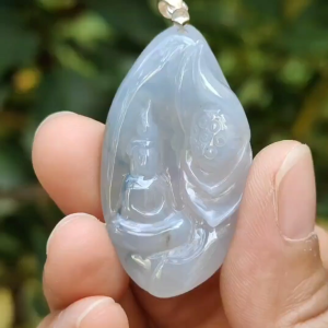This High-Quality Light lavender with Light Green Natural Jadeite Jade crafted with faceless buddha as pendant certificate weighs 12.04 grams measurement 41.7 * 23.5 * 6.8 mm (pendant338)