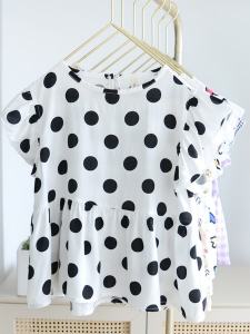 Korean Style Summer T-Shirt for Girls Checks Cotton Gauze Doll Shirt Short Sleeve round Neck Polka Dot Print Casual Kids Wear