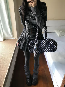 American Retro Star Shaped Rhinestone Long Sleeve T-Shirt Slim Fit Striped Casual Shoulder High Waist Design Womens Top