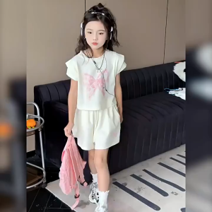 2-Piece Terno For Kids Girls Suits 6-15YRS Bow Cartoon Printed Design Trendy Short Sleeve Top and Shorts Korean Style Outfit