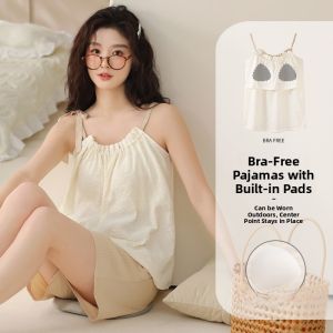 Miiow | Cat Woman Summer Thin Short Sleeve Nightgown Set Women Home Clothes With Chest Pad Brief Home Leisure Polyester Fiber Short Pants