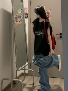 เสื้อยืดแขนกุดคอตตอนสไตล์อเมริกันย้อนยุคขนาดใหญ่ หลวมๆ สำหรับผู้ชายและผู้หญิง แบรนด์แฟชั่นเกาหลี ฤดูร้อน 2024