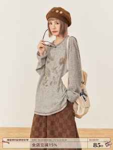 เสื้อยืดแขนยาวพิมพ์ลายดิจิตอล HOTHORSE สไตล์วินเทจสำหรับผู้หญิง เสื้อยืดคอกลมแขนยาวลายดอกไม้ ทรงหลวม สไตล์กลางแจ้ง