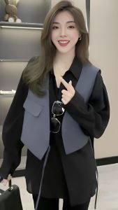 Fashionable Asymmetrical Belted Shirt Jacket Combo Womens Loose Fit Top Korean Style Long Sleeve Polo Collar Two-Piece Set