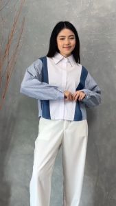 QUEENTIN Kemeja Wanita Kombinasi 0748 Katun Twill Denim Chambray Polymicro Salur Lengan Panjang