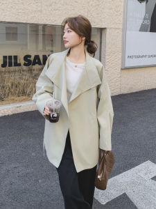 เสื้อแจ็คเก็ตสไตล์อังกฤษสีกรมท่าหรูหราสำหรับผู้หญิงฤดูใบไม้ร่วงปี 2025 เสื้อเชิ้ตคอตั้งผูกโบว์สไตล์เกาหลีหลวมๆ