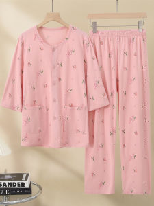 Summer Thin Cotton Sleepwear Set Womens Loose Comfortable Seven-Quarter Sleeve round Neck Knitted Fabric Home Clothes