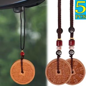 5pcs Antique Copper Money Keychain Chinese Wooden Lucky Pendant Necklace Car Rearview Mirror Decor Accessories