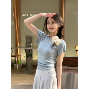 Blue Knitted Short Sleeve T-Shirt Womens Summer Design Backless Belted Slim High Waist Top Hot Girl round Neck Pullover