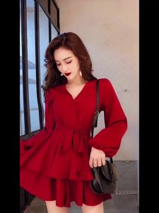 Yoohui LK003 Casual Dress Wanita Import Gaya Korea Lengan Panjang Warna Hitam dan Merah Mini Dress Scuba Sella