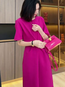 Pure Color Loose Short Sleeve T-Shirt Dress Summer Thin Womens High-End Anti-Aging 2024 European Style Casual round Neck A-Line Skirt Dress