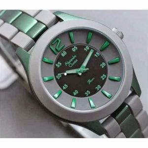 Jam Tangan Wanita Alexandre Christie 8341 Tali Karet Hijau Abu Analog Original