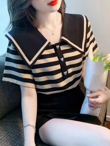 Elegant Fashion Designer Striped Organza T-Shirt