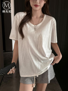 Ice Silk Base Shirt Womens Loose Summer Short Sleeve T-shirt Shoulder Borne V-neckSnowflake Cotton Half Sleeve Body T-shirt