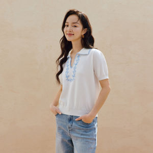 INMAN | Slimming Ice Silk Short Sleeve Contrasting Colors Embroidery V-Neck Lightweight Knitwear