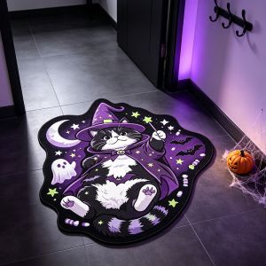 VIKAMA Cute Witch Cat Halloween Rug Non Slip Plush Floor Mat Ghost Star Doormat Indoor Entrance Bedroom Holiday Decor Carpet