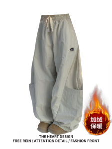 American Retro High Waist Wide Leg Cargo Pants Womens Autumn Winter Thickened Fleece Folded Soldier Workwear Trousers