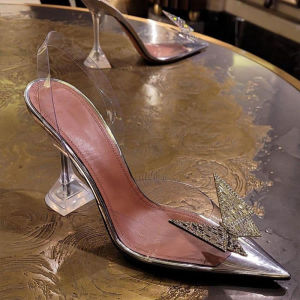 รองเท้าแตะส้นสูงแบบสวมหัวผูกโบว์ลายผีเสื้อ ทรงหัวแหลมโปร่งใส สายรัดส้นบาง รองเท้าส้นสูงแบบสวมหัวแบบฝรั่งเศสสำหรับฤดูร้อนปี 2025