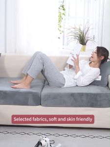 1/2/3 Seater Velvet Sofa Seat Cushion Cover Thickening Elastic Seat Cover L Shape Universal Sofa Cover Plush Spandex Couch Seat Cover Solid Color Chair Cushion Slipcover