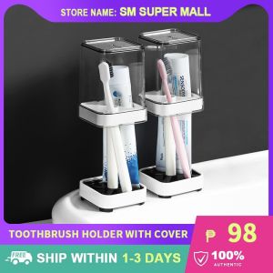 【Convenient】Toothbrush and Toothpaste Holder Organizer with Cover Drainer Cup Bathroom Shelf Set