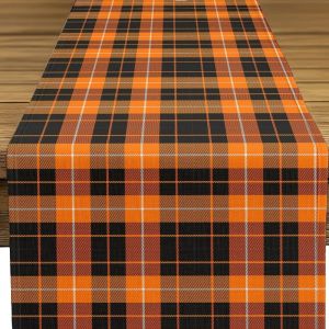 VIKAMA Halloween Table Runner Orange Black Buffalo Plaid Checkered for Dining Table Home Farmhouse Holiday Party Decor