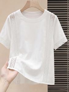 Lace Hollow Out White Round Neck Short Sleeve Slimming Loose T Shirt