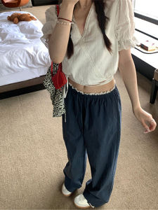 QIAONIAOGE | Summer Thin Wide Leg Casual Pants Womens Loose Lazy Style藏青色 Walking Wood Ear Lace Trim High Waist Straight Cut Trousers