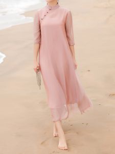 Artistic Retro Improved Hanfu Cheongsam Dress Medium Length 2024 Summer New Ethnic Style Womens Tea Costume Cotton Blend