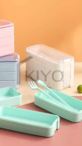 KIYO Kotak Bekal Makanan Set 3 Tingkat 900 ml BPA Free / Lunch Box dengan Garpu Sendok Praktis Portable / Tempat Makan 2 Sekat 3 Susun / Kotak Makan Bento