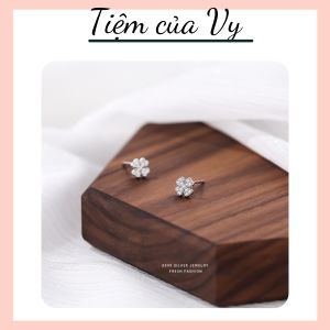 Khuyên tai bạc S925 cỏ bốn lá may mắn đính đá lấp lánh siêu xinh