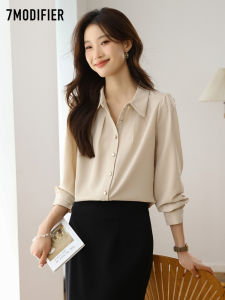 Lachapelle Pure Color Polo Collar Formal Shirt Womens Commute Elegant Professional Top Korean Style Straight Cut Long Sleeve