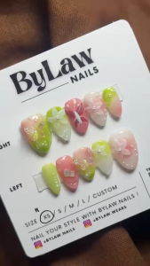 [ BYLAW.NAILS ] Green Pink Florish Butterfly  | PREMIUM FAKE NAILS | PRESS ON NAILS | KUKU PALSU |