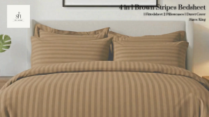 SevHome Hotel Quality 4 in 1 Plain Brown Stripes Bedsheet Sets | Cotton 400 Thread Count | Beddings Bed sheet set with 1 Fitted Sheet with Garter 1 Duvet Comforter Quilt Cover 2 Pillow case | Size King