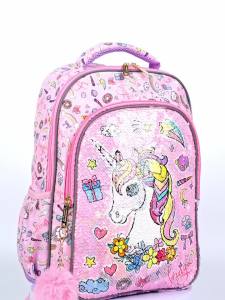 3PCS Travel Bag Luggage Bag Bookbag With Lunch Box And Pen Bag Pink Cartoon Unicorn Patter Sequin Design Nighttime Ref