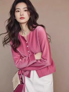 YUFUQING | Áo khoác ngắn nhung màu hồng táo mùa thu đông mới về thường ngày thoải mái cho nữ thời trang trẻ trung giảm tuổi tác