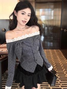 GUZILIAN | French Grey Striped Heart One Shoulder Womens Shirt Autumn Butterfly Knot Lace Shoulder Top Short Length Upper Body