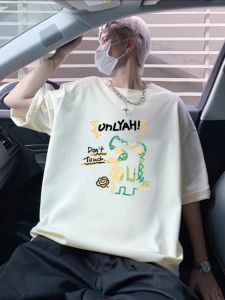 Áo Thun Nam Tay Ngắn Cotton Phong Cách Mỹ Dáng Rộng Rãi in Họa Tiết Hoạt Hình Thường Ngày Mùa Hè 2024 Áo Thun Cotton