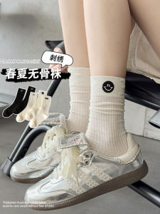 No Show Socks Women Summer Thin New White Mid-Calf Smiley Face Korean Version Long Tube Socks Spring Autumn Trendy Cotton Fabric