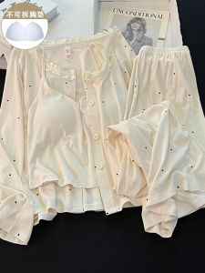 สไตล์เกาหลี บริสุทธิ์ ผ้าฝ้าย ชุดนอน ผู้หญิง ฤดูใบไม้ผลิ ฤดูใบไม้ร่วง มีแผ่นรองหน้าอก Apricot Polka Dot เซ็กซี่ สายคล้อง เสื้อผ้าบ้านชุดสามชิ้น