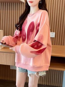 ฤดูใบไม้ผลิ ฤดูใบไม้ร่วง แขนยาว เสื้อฮู้ด ผู้หญิง คอกลมสไตล์ใหม่บาง หลวม เสื้อท่อนบน พลัสไซส์ แจ๊กเก็ต สไตล์เกาหลี พิมพ์ ผ้าฝ้าย