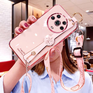 Huawei Honor Magic4 Pro Silicone Case with Wristband Protective Cover Anti-Fall Soft Rubber Material Crossbody Lanyard Creative Design