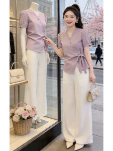 Shalldoer | Purple Cross V-Neck Waist Cinched Short Sleeve Shirt