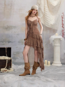 unifree | Đầm Elegance Pháp Vintage Dây Nịt eo Hem Không Đối Xứng