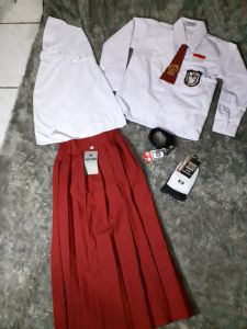 SETELAN SERAGAM SEKOLAH SD MERAH PUTIH ANAK PEREMPUAN BAJU LENGAN PANJANG BONUS TOPI