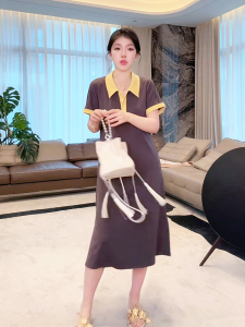 Casual Fashionable Ice Soft Q Elastic Caramel Polo Dress High Waist a Line Skirt Short Sleeve mid Length Summer Dress